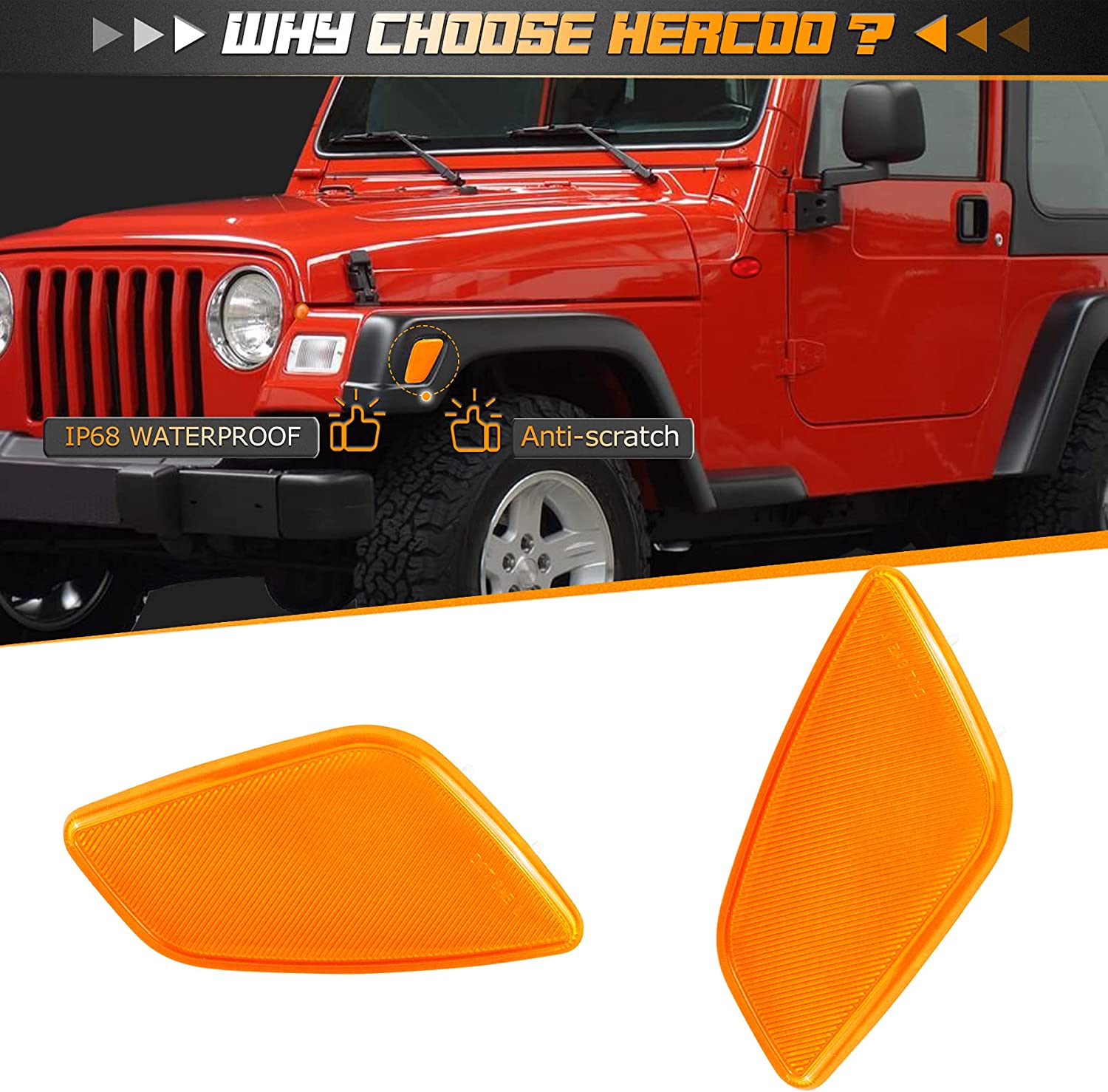 HERCOO LED Park Signal Side Marker Lights Lamps Cover Lens Amber Bulbs Driver and Passenger Front Marker Light Housing Assembly Compatible with Jeep Wrangler 1997-2006