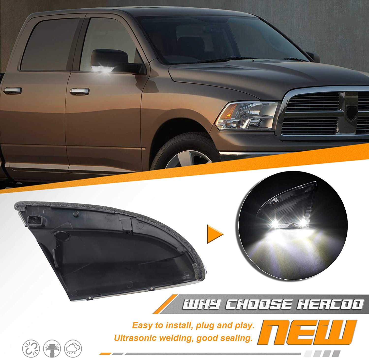 HERCOO LED Side Mirror Turn Signal Puddle Light Lamp Assembly Compatible with Dodge Ram 1500 2009-2018, Dodge Ram 2500 2010-2018, Ram 1500 Classic 2019-2022, Replacement for 68064948AA
