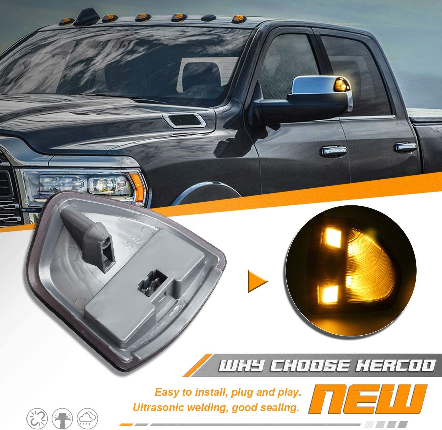 HERCOO LED Side Mirror Turn Signal Light Left and Right Lamps Clear Cover Lens for 68302828AA 68302829AA Compatible with 2010-2018 Dodge Ram 1500 2500 3500 4500 5500, Pack of 2