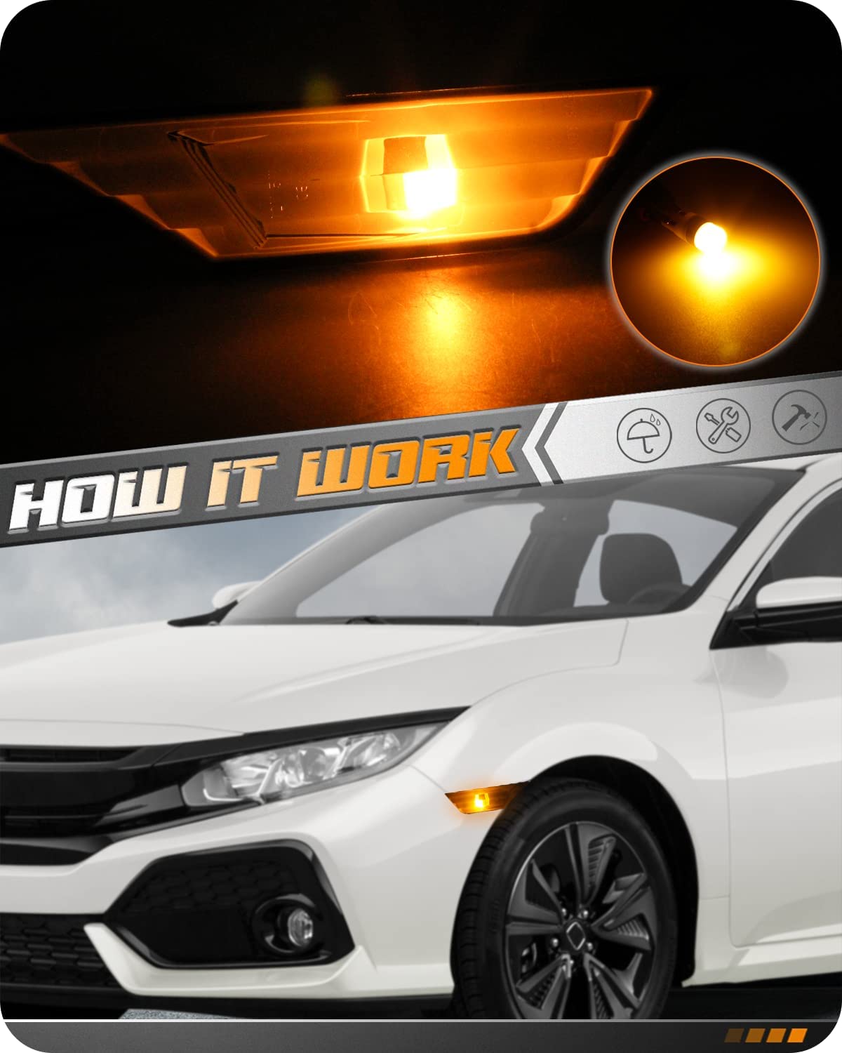 HERCOO Front LED Side Marker Light Smoke Bumper Cover Lens with T10 Lights Bulb White&Amber Lamp assembly Compatible with Honda Civic 10th Gen 2016-2021 Coupe Hatchback