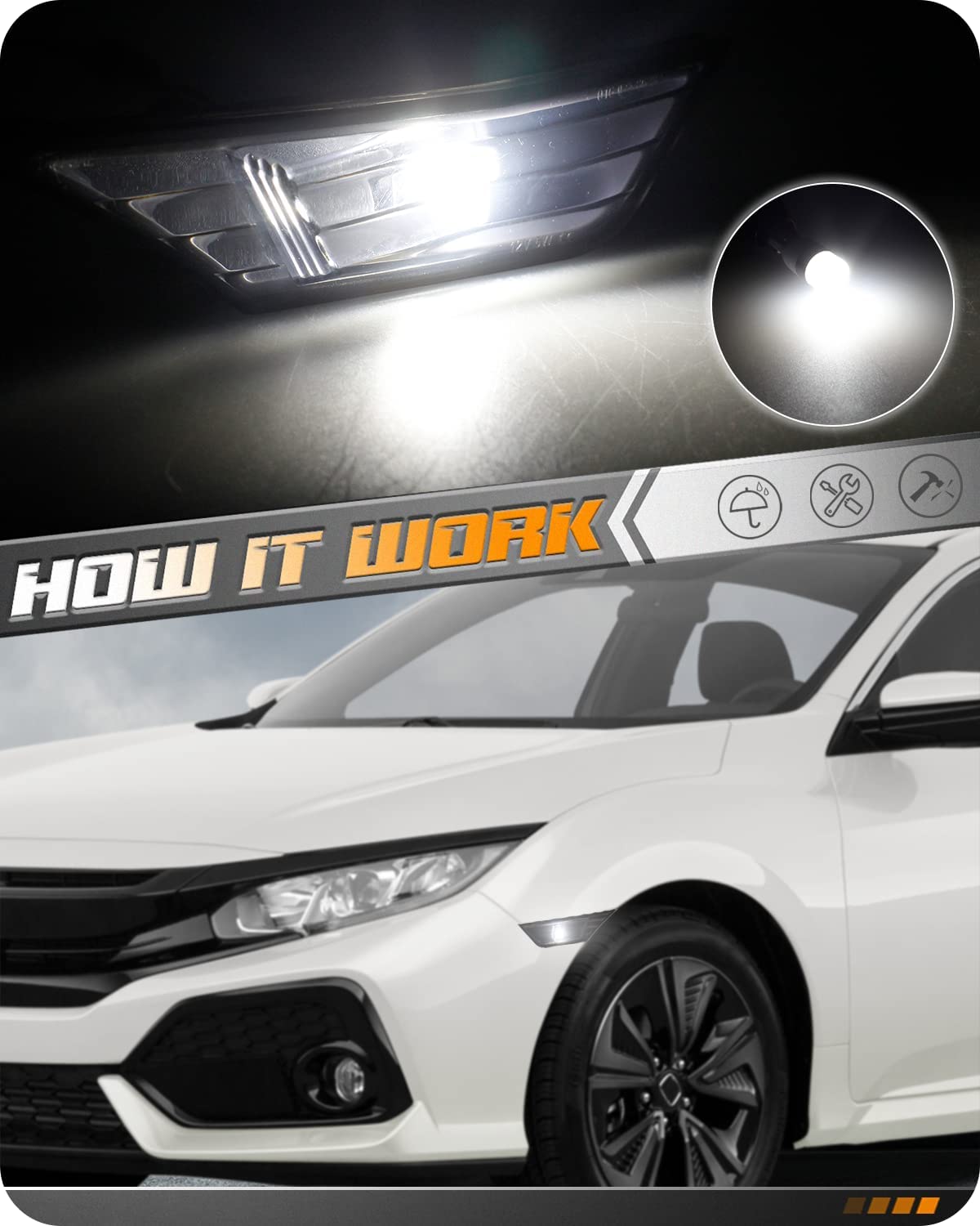 HERCOO Front LED Side Marker Light Smoke Bumper Cover Lens with T10 Lights Bulb White&Amber Lamp assembly Compatible with Honda Civic 10th Gen 2016-2021 Coupe Hatchback